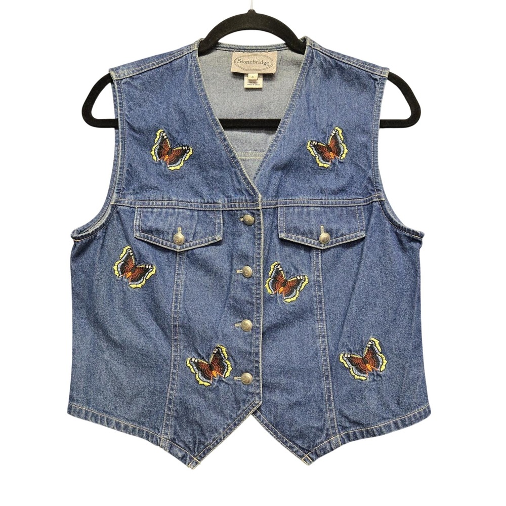 Vintage‎ Denim Butterfly Embroidered Vest Blue Cotton Retro Y2K 90s